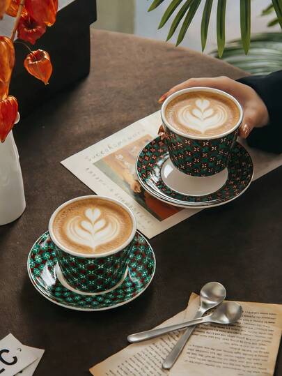 Juego de taza y platillo de estilo bohemio, taza para arte de latte, juego de té de la tarde, taza para bebidas frías de leche y jugo, uso diario, perfecto para regalo de vacaciones, cumpleaños o Día de la Madre