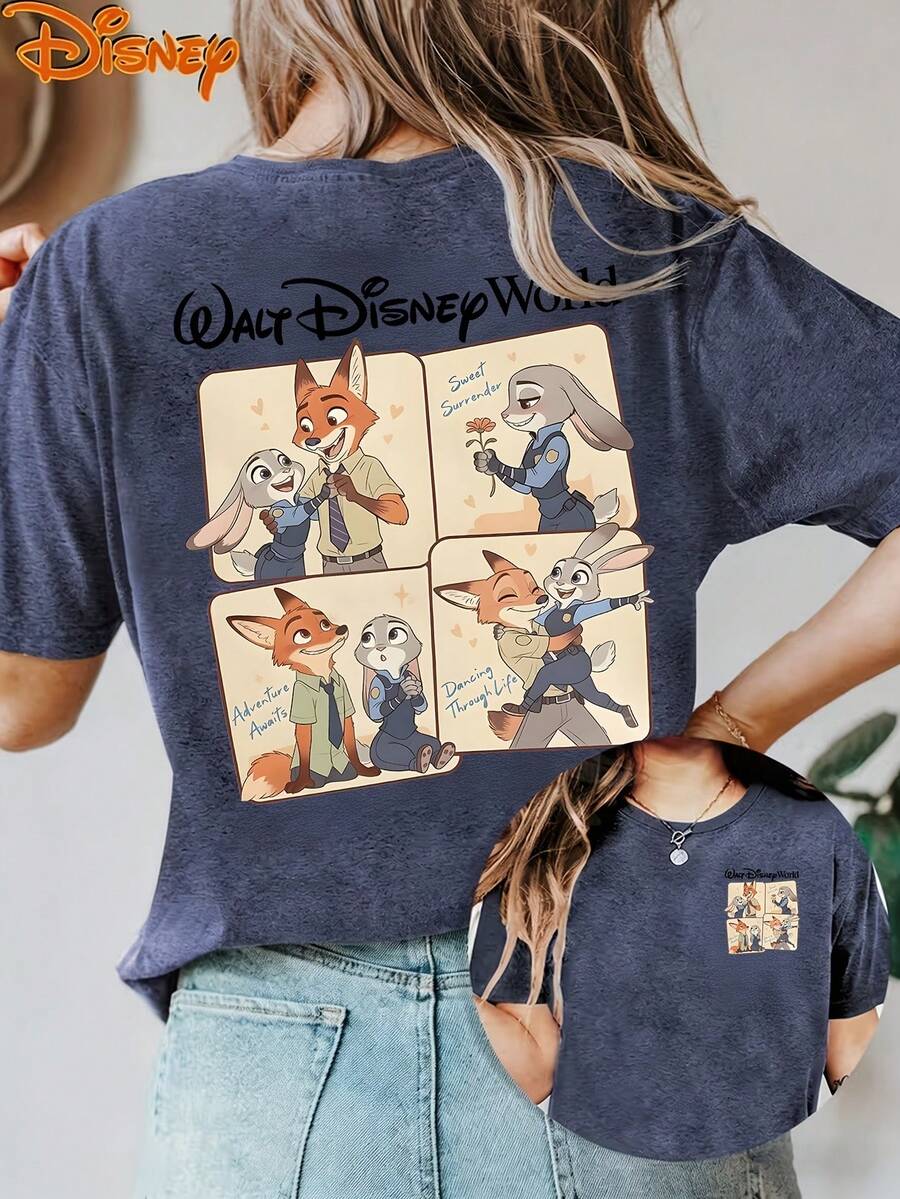 Disney License T Shirts,Disney Zootopia Judy Hopps Nick Wilde Cartoon Panel Graphic Oversized T Shirt Women Cute Adventure Print Drop Shoulder Short Sleeve Tee Disney Movie Fan Casual Streetwear Top ,Camiseta, Summer Outfits For Women, Summer Clothes, Summer Tops, Tops For Women, Festival Outfits, Summer Tops For Women, Mother's Day, Mother's Day Clothing, Gifts For Family And Friends, Spring Outfits For Women, Officially Licensed Disney T-Shirts, Disney Men's And Women's Spring/Summer Fashion Casual Short-Sleeve T-Shirts - Màu xanh lam - Xem 1