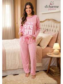 Pink Dream Plaid Women's Long Nightwear Pajamas, Comfortable Knit Fabric For Cool Weather - Màu Hồng baby - Xem 2