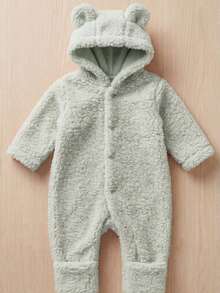 Fleece  With Ears, Winter, Cold Weather, Long Sleeves, Baby Boy, Baby Girl, Newborn To 12 Months, Hooded, Cute, Stylish, Comfortable, Warm - 淺綠色 - 查看 3