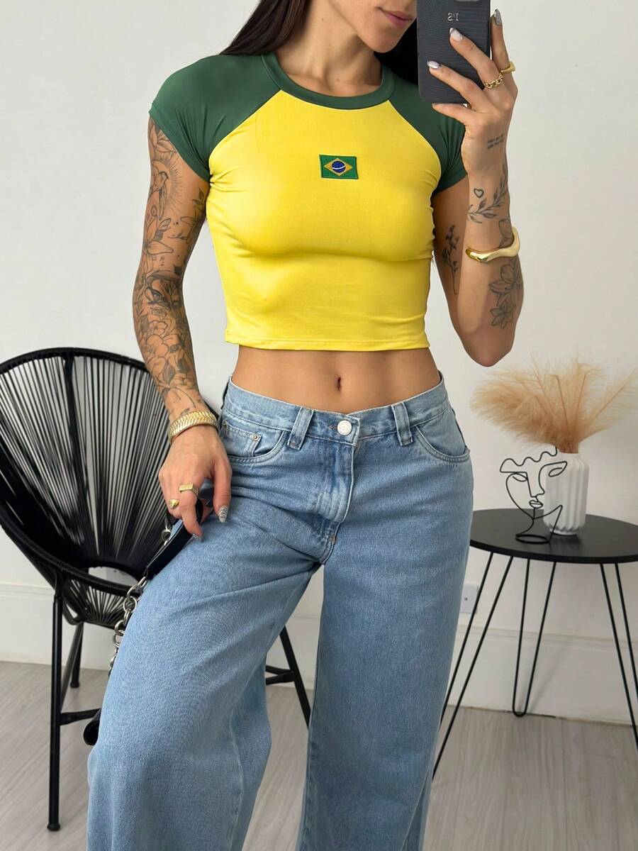 Women's Cropped Blouse Brazil Fitted Raglan Sleeve With Embroidered Patch, Round Neck, Stretch Fabric, Casual Summer Fashion Top, World Cup Top - 黃色和綠色 - 查看 1