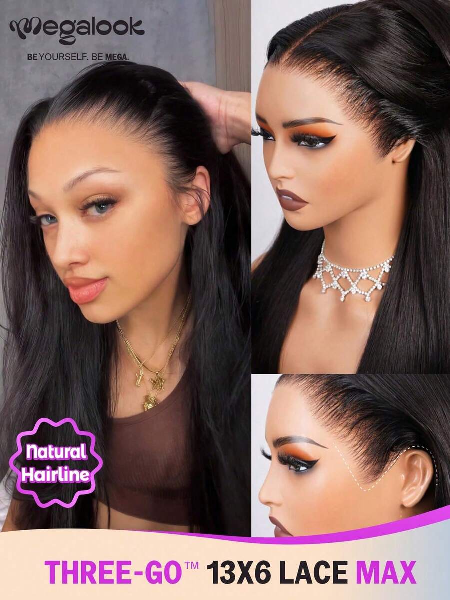 MEGALOOK Tóc giả thẳng không đường nối thế hệ thứ 3, kích thước 13x6, 100% tóc người, phần trước ren từ tai đến tai, đã được tỉa sẵn, tẩy trắng sẵn, thắt nút siêu nhỏ, không cần keo, ren trong suốt, màu đen tự nhiên, mật độ 180%, dài 18-30 inch, phù hợp cho người mới bắt đầu, vẻ ngoài tự nhiên, sử dụng hàng ngày, Halloween, tiệc tùng, Y2K, kỳ nghỉ, du lịch, ngoài trời, cosplay, trường học, lễ hội, Giáng sinh, đám cưới, dành cho nữ. - SNatural - Xem 1