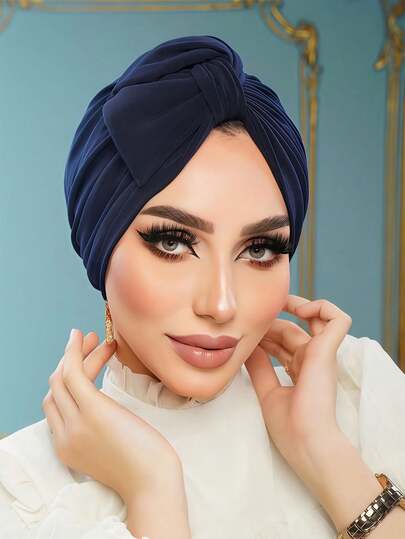 1pc Women's Classic Solid Color Bow Turban, Chemotherapy Underscarf, High Elasticity, Pleated Design, Anti-Slip, Breathable, Multi-Layer Pleats, Perfectly Matches Hijab, Soft & Comfortable Modal Knit Fabric, Suitable For Daily Wear,Beach,Holiday