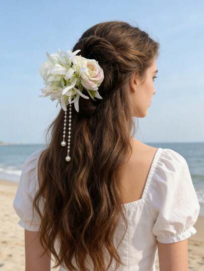 1pc Bohemian Artificial Flower Hair Clip, Women's Holiday Updo Hairstyle Accessory, Barrette