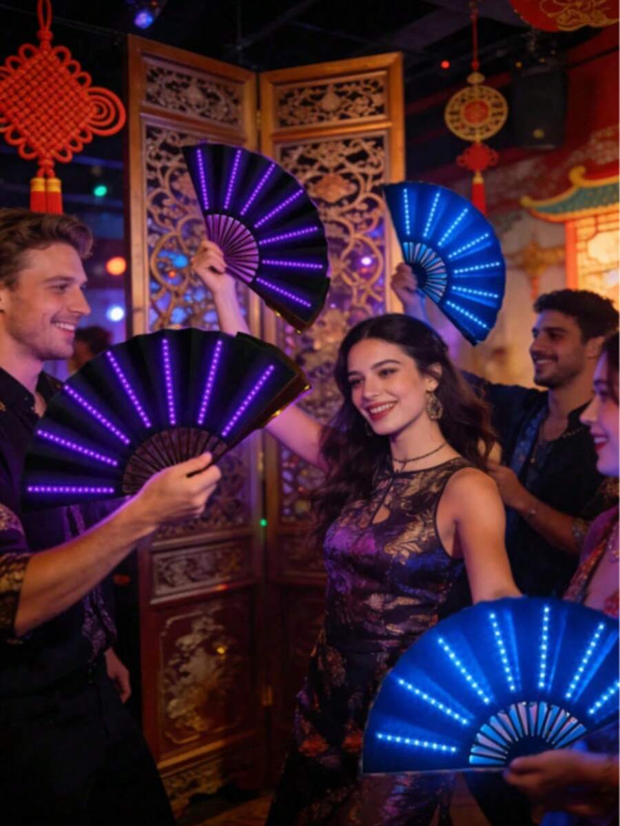 1pc Foldable LED Light-Up Dance Fan, Night Performance Accessory For Halloween, Christmas, Carnival Parties - Multicolor - View 1
