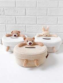 1pc Cute Cotton Rope Tissue Box, Cartoon Bear & Rabbit Design Paper Towel Holder, Home Decor For Living Room & Bedroom, Anti-Collision Storage Box - White - View 7