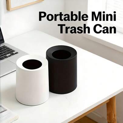 Bộ thùng rác mini di động không nắp, có 3 màu (Trắng/Đen/Xám), thiết kế hình trụ, kích thước nhỏ gọn, tiết kiệm không gian, không mùi, dễ vệ sinh, bền và chống bám vân tay, phù hợp cho bàn làm việc, phòng ngủ, phòng tắm, văn phòng, xe hơi, những không gian nhỏ, thích hợp cho gia đình, văn phòng và phòng ngủ.