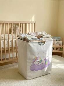 1 pièce Grand panier à linge pliable avec poignée en bois, imprimé avec motif poney, panier à linge pliable durable pour salle de bain, nurserie, panier de rangement polyvalent - Multicolore - Voir 2
