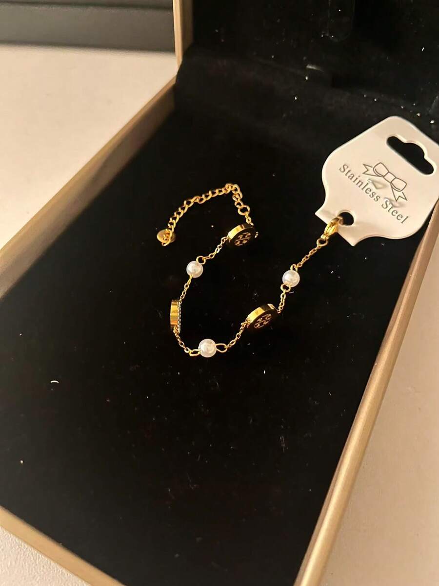 Vòng tay ngọc trai cao cấp mạ điện bằng thép titan, trang sức thanh lịch, nhẹ nhàng cổ điển. - Vòng tay ngọc trai hình học - Xem 1