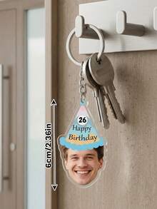 1pc Custom Birthday Party Hat Photo Keychain, Personalized Age Text Charm, Birthday Gift For Friend Family Him Her, Happy Birthday Funny Party Favor, Colorful/Pastel Polka Dot Party Hat Design, Anniversary Keepsake - Multicolor - View 5