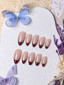 10pcs Handmade Press-On Nail Strips, Short Nails, Fake Nails, Almond Shape Nails, French Manicure, Pink Nails, Black Nails, Red Nails, Green Nails, Brown Nails, Gold Nails, Leopard Print Nails, Cute Nails, Minimalist Elegant Style, Handmade Drawn Asymmetrical French Gold Vine Edge, With Shiny Cat Eye French Pointed Tips, Suitable For Women And Girls Almond Shaped Nail Strips.Nail Supplies Handmade Press On Nails - 紅色 - 查看 4