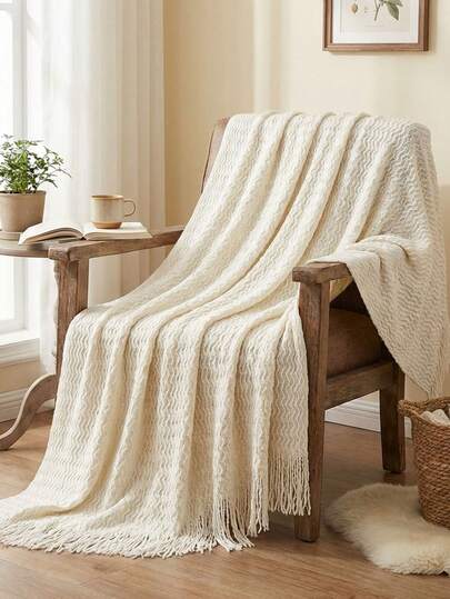 1pc Khaki Knitted Throw Blanket, Casual Nap Blanket With Tassels For Bed, Living Room, Sofa, Chair