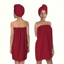 2pcs Set, Including Minimalist Solid Color Printed Bathrobe And Button Shower Cap. 100% Polyester Material, Super Soft. Suitable For Adult Home Use, Ideal For Bathroom, Sauna, Spa And Hair Salon. - Red - View 3