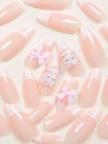 SANRIO Bộ 24 móng tay giả ngắn hình hạnh nhân màu trắng, kiểu Pháp, hình Hello Kitty dễ thương, nơ trắng, đính đá, móng giả hợp kim acrylic, móng gel, dụng cụ làm móng (kèm theo: một miếng gel và dũa móng) Thích hợp cho nữ sử dụng hàng ngày, hẹn hò, dự tiệc - Nhiều màu - Xem 2