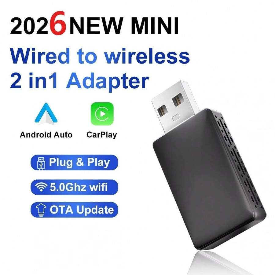 无线 CarPlay 适配器，二合一 CarPlay 盒，小巧设计，即插即用，连接快速稳定，兼容 CarPlay 和双系统。全新无线 CarPlay 安卓车载无线适配器，智能迷你盒，即插即用，通用无线适配器。