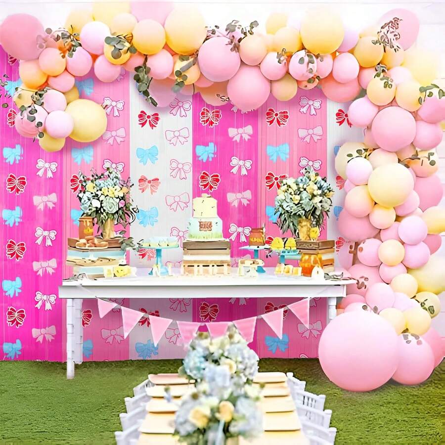 Kit de arco de guirnalda de globos pastel y paquete de 2 cortinas metálicas con flecos de lámina de oropel – Ideal para baby shower, bodas, decoraciones de fiesta de cumpleaños (lazo) - Lazo - Ver 1