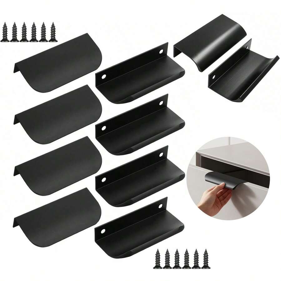 10pcs Modern Black Aluminum Flat Finger Pulls - Concealed Cabinet Door Handles For Kitchen, Easy Installation, Hidden Back Mount, 3.13" Overall Length - Knobs - Arc - View 1