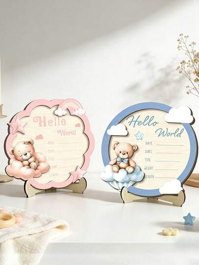 1件新生儿里程碑木质牌匾 3D木质装饰可爱小熊宝宝出生公告牌欢迎牌