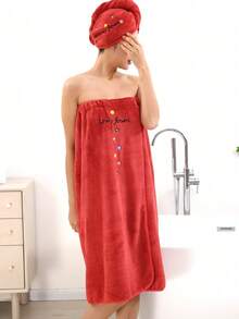 Khăn tắm/mũ tắm đa năng, mềm mại, thấm hút tốt, kiểu dáng tối giản dành cho nữ, thêu họa tiết. - Đỏ - Xem 9