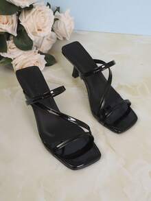 Giày sandal cao gót thời trang nữ, màu trơn, mũi vuông, gót mỏng, thiết kế quai đơn giản, phù hợp cho nhiều dịp, mùa xuân/hè. - màu đen - Xem 7