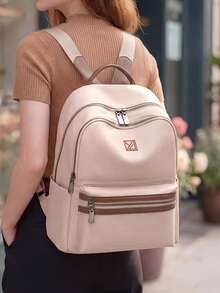 2-Color Contrast Decor Casual Women's Backpack, Organizer Backpack, Multi-Function Nylon Backpack, Lightweight And Portable, With Laptop Compartment, Large Capacity, Suitable For Female College Students, Middle/High School Students, Outdoor, Travel, Picnic, Elementary Students, Beginners, Daily Office, Valentine's Day Gift - Beige - View 4