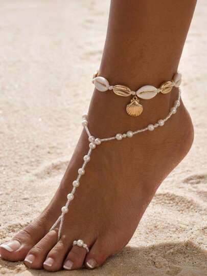 3件套 时尚夏季海滩度假优雅百搭独特设计贝壳珍珠脚链套装，女士礼物