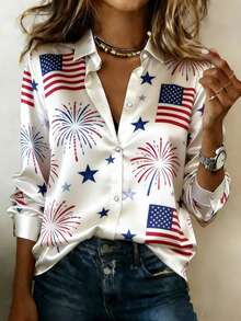 (Free Shipping!!!) 4th Of July Shirt;   Women's Independence Day Satin Button Down Shirt, American Flag & Firework Print Long Sleeve Blouse, Women's Summer Shirt, Women's Tops;Elegant Shirts;250th Anniversary American Patriotic Look;Summer Outfits For Women - Nhiều màu - Xem 1