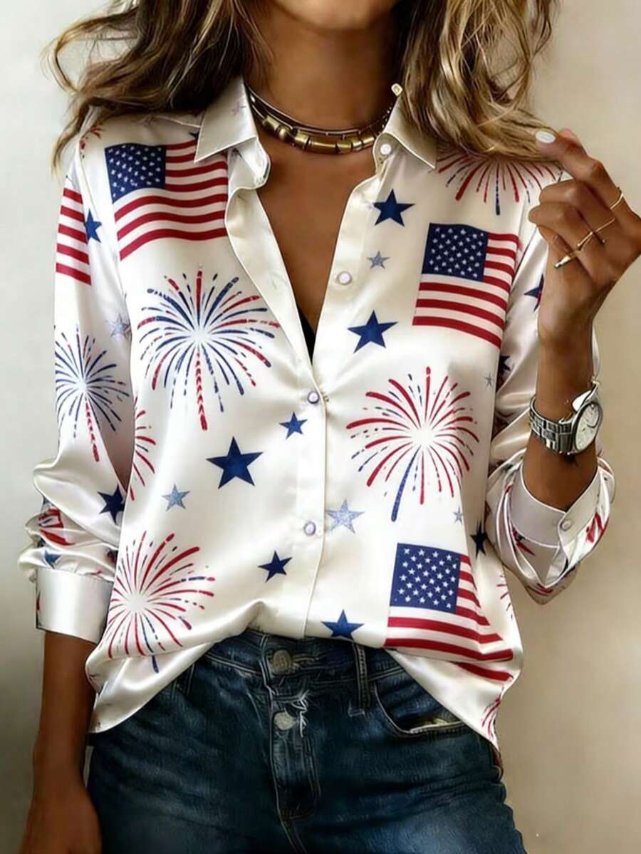 (Free Shipping!!!) 4th Of July Shirt; Women's Independence Day Satin Button Down Shirt, American Flag & Firework Print Long Sleeve Blouse, Women's Summer Shirt, Women's Tops;Elegant Shirts;250th Anniversary American Patriotic Look;Summer Outfits For Women - Nhiều màu - Xem 1