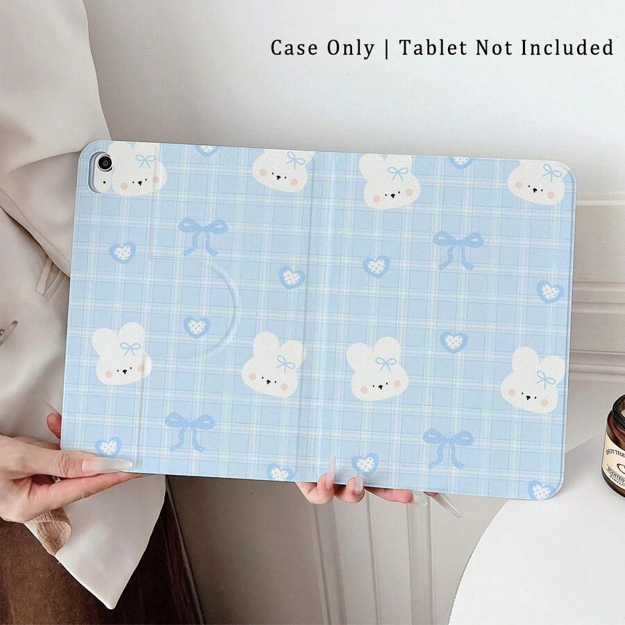 1个蓝色格子兔子蝴蝶结保护套，360°旋转，多角度磁吸支架，带自动休眠/唤醒功能，兼容iPad Pro/Air、三星、小米Pad 5/6/7 - 彩色 - 查看 1
