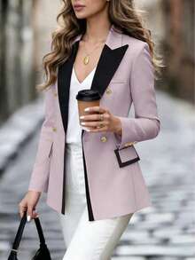 Blazer casual y elegante de manga larga con botones y contraste de color rosa para mujer, primavera - Púrpura malva - Ver 3