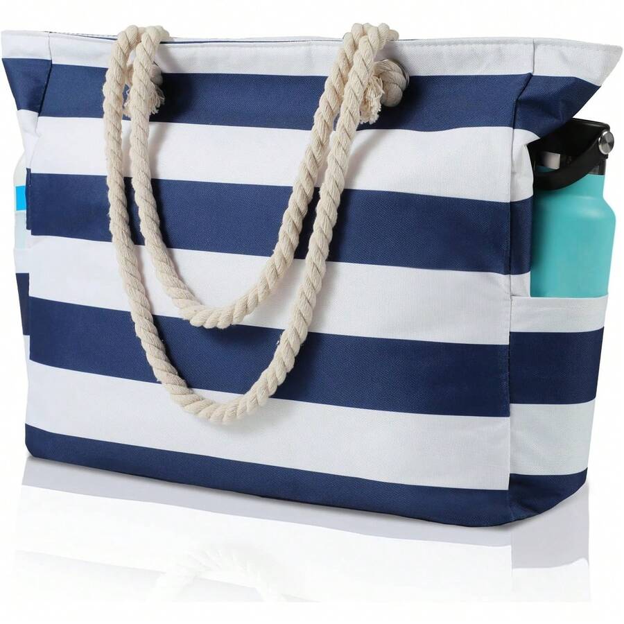 Clothirily Beach Bag Women - Large Beach Tote Bag, Waterproof Sandproof Beach Bag With Zipper, Large Swim Pool Beach Tote - 藏蓝色 - 查看 1