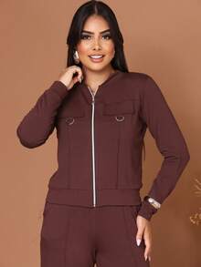 Wide-Leg Pants + Long-Sleeved Jacket In Cool, Lightweight Fleece Fabric For Winter 2026. Zipper. - 鏽棕色 - 查看 4