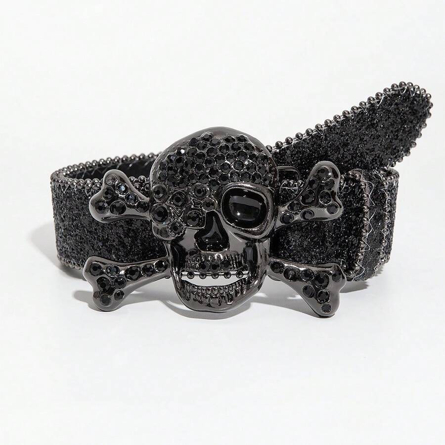 1pc Men's Black Punk Rock Y2K Style Jeans Belt, Skull Metal Buckle With Laser Rhinestone Decor, Versatile Accessory For Daily Wear