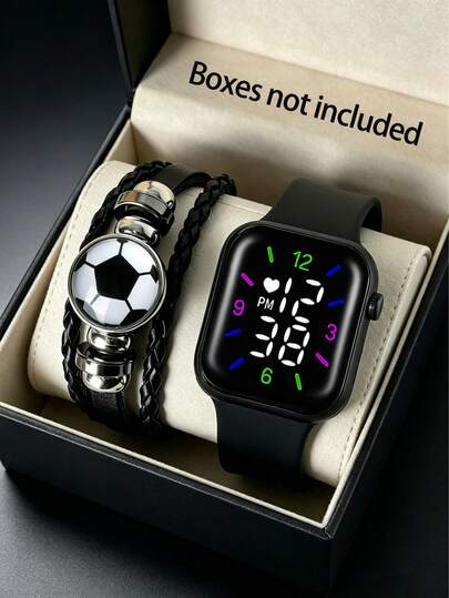 2件套时尚男童黑色电子手表和足球手环套装，百搭日常佩戴，适合复活节、返校季、送朋友礼物（不含礼盒）