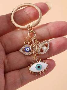 Porte-clés femme haut de gamme à la mode avec pendentif œil maléfique en strass, cordon et anneau de clé de voiture unique - Or-Nouveau - Voir 9