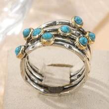 Nhẫn đá Turquoise hình học phong cách Bohemian, nhẫn bạc khắc tên cá nhân, quà tặng ngày lễ đa năng theo phong cách Punk. - Bạc - Xem 2