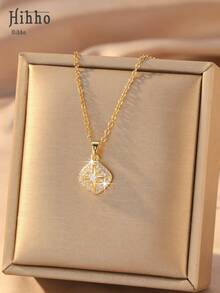 Hihho 1pc Compass Star-Shaped Pendant, Square Curved Design Fully Inlaid With Zirconia, Center Main Diamond Paired With Cross Star Line, Symmetrical Structure, Elegant & Chic Daily Wear For Women - Starlight - View 3