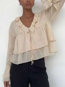SUNSTORY Women's Summer Casual Elegant Ruffle Flare Sleeve Loose V-Neck Blouse, Suitable For Vacation, Back To School, Tea Party, Commuting, Outing - Apricot - View 6