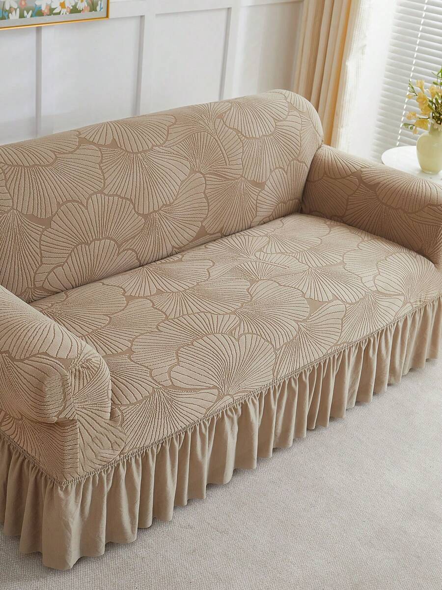 1 pieza Funda elástica con volantes y estampado de hojas jacquard para sofá, a prueba de polvo y resistente a la suciedad, ajuste perfecto, protector de sofá de cobertura total, decoración del hogar, lavable a máquina, funda de almohada no incluida - Caqui - Ver 1