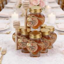 Bộ 6/16/32 hũ mật ong mini hình trái tim 60ml, kèm que khuấy, dây gai, mặt dây chuyền hình ong và thiệp cảm ơn, thích hợp làm quà tặng đám cưới. - Xem 4