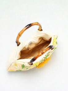 SCULPTEDSTYLE 包包 1 件装 黄色 3D 立体刺绣花叶图案网纱手提包，复古竹褶云朵托特包，亚麻底波西米亚风休闲沙滩度假包，适合搭配优雅长裙、波西米亚风连衣裙（花样随机） - 黃色 - 查看 9