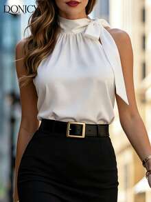 minisummer Áo camisole trắng thanh lịch hở lưng, áo sơ mi satin cổ điển, thiết kế xếp ly cổ cao, thắt nơ phía sau, áo kiểu dự tiệc không tay gợi cảm. - trắng - Xem 4