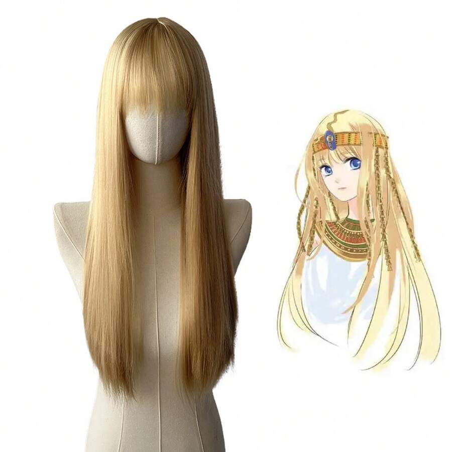 Cosplay Wig Beige Blonde Long Straight Wig With Bangs Realistic Scalp Synthetic Hair Heat Resistant Full Head Wig For Comic Con Anime Costume Party Stage Performance - Off White - View 1