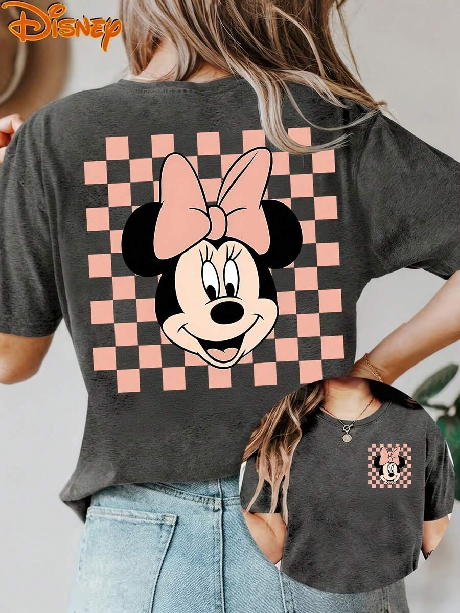 Disney License T Shirts,Disney Minnie Mouse Pink Checkerboard Women's Graphic T-Shirt, Retro Minnie Mouse Head Bow Cartoon Print, Crew Neck Casual Loose Fit Short Sleeve Tee, Y2K Style Summer Tops For Disney Theme Park Vacation, Daily Wear ,Camiseta, Summer Outfits For Women, Summer Clothes, Summer Tops, Tops For Women, Festival Outfits, Summer Tops For Women, Mother's Day, Mother's Day Clothing, Gifts For Family And Friends, Spring Outfits For Women, Officially Licensed Disney T-Shirts, Disney Men's And Women's Spring/Summer Fashion Casual Short-Sleeve T-Shirts - Xám - Xem 1