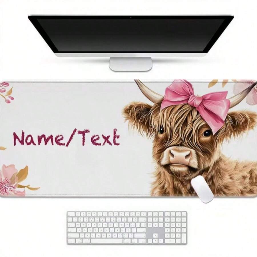 1pc Customizable Highland Cow XXL Extended Gaming Mouse Pad, Pink Bow, Large Desk Mat, Non-Slip Rubber Base, Precision Stitched Edge, Washable, Suitable For Home/Office/Gaming, Cute Pet Design, Great For Animal Lovers, Gamers, Graduation/Birthday/Mother's Day Gift For Girlfriend/Best Friend - Multicolor - View 1