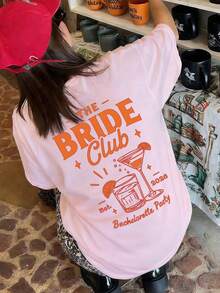 1pc Women Summer Loose Short Sleeve T-Shirt Top, Bride Club, Bachelorette Party Graphic Print Tee, Lovely Apparel Top, Women Holiday. Festival , Elegant Women Top, Casual Summer Women Wear, Women Holiday Attire. Pink - Pink - View 3