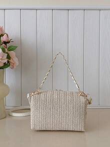 1pc Women's Fashion Solid Color Straw Handbag, Commute & Vacation Straw Shoulder Bag, Suitable For Shopping, Vacation - Beige - View 5