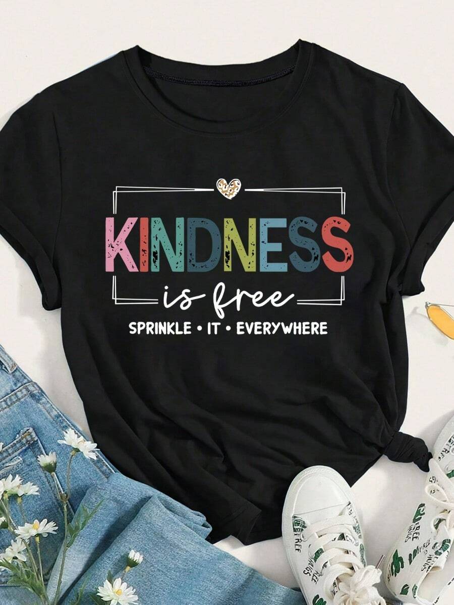 This Women's Summer Fashion T-Shirt Features A Colorful "KINDNESS" Print And A "SPRINKLE IT EVERYWHERE" Slogan Graphic, Weighing 180 Grams, Made Of Wrinkle-Resistant Cotton - 黑色 - 查看 1