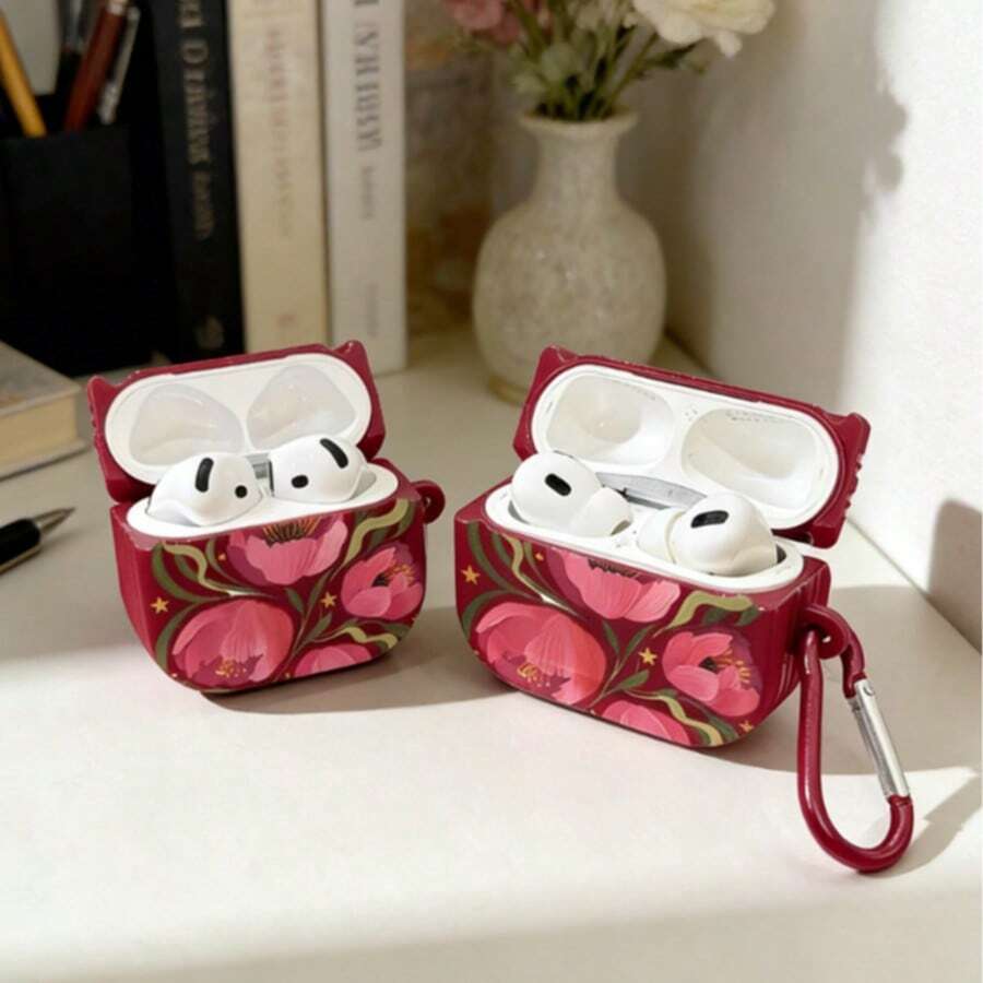 Ốp bảo vệ màu đỏ tía họa tiết hoa, tương thích với đế sạc không dây của Apple, chống trầy xước và chống sốc. - Hoa màu đỏ rượu vang - Xem 1
