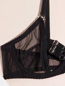 Conjunto de 3 piezas de lencería sexy para mujer, incluye corpiño, portaligas y sujetador con aros - Negro - Ver 2
